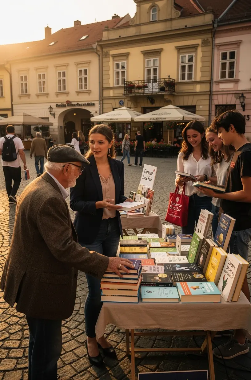 Helyi könyvtár munkatársa ajánlja a pénzügyi oktatócsomagot látogatóknak.