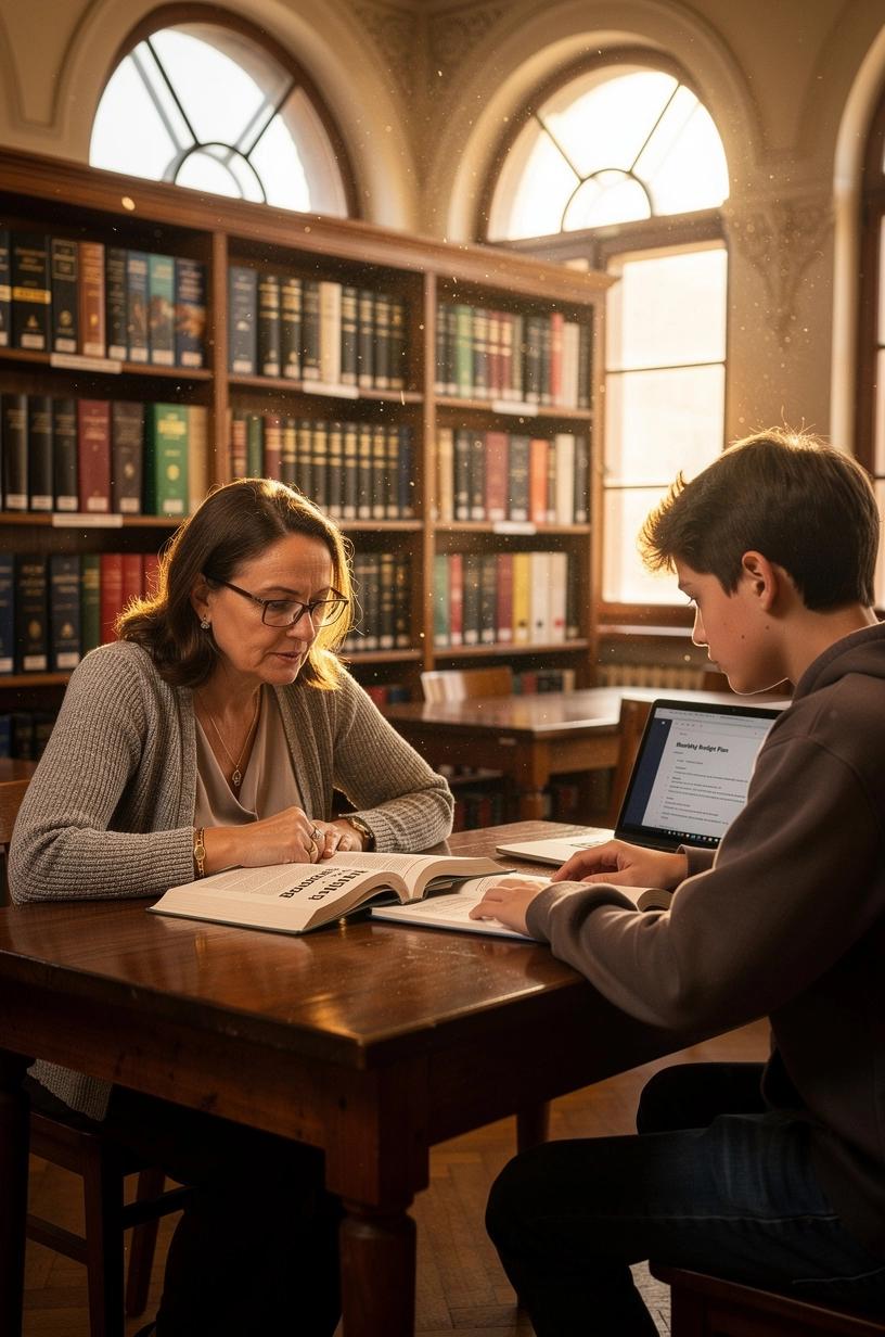 Könyvcsomagok és helyi könyvtári együttműködés a személyes pénzügyek alapjairól szóló blog illusztrációjaként, amely gyakorlati pénzügyi tanácsokat és útmutatást kínál.